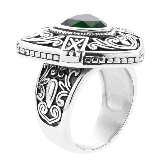Emerald Green Simulated Diamond Filigree Shield Ring in Black Oxidized SS. Sz 6 - Picture 2 of 5
